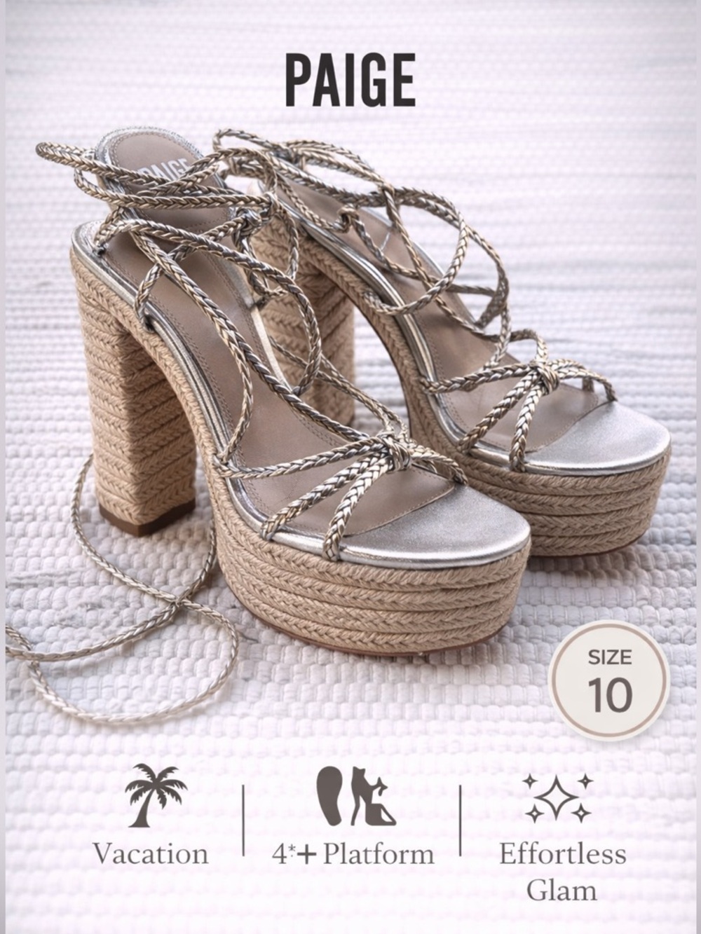 PAIGE Metallic Lace-Up Platform Heels Rope Espadrille Silver Size 10